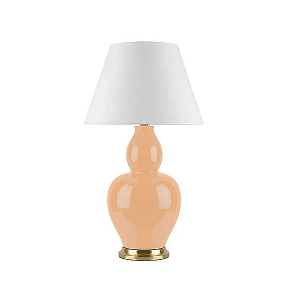 Worlds Away Gourd Ceramic Table Lamp with Satin Brass Base and White Linen Drum Shade in Apricot Glaze IRIS APT