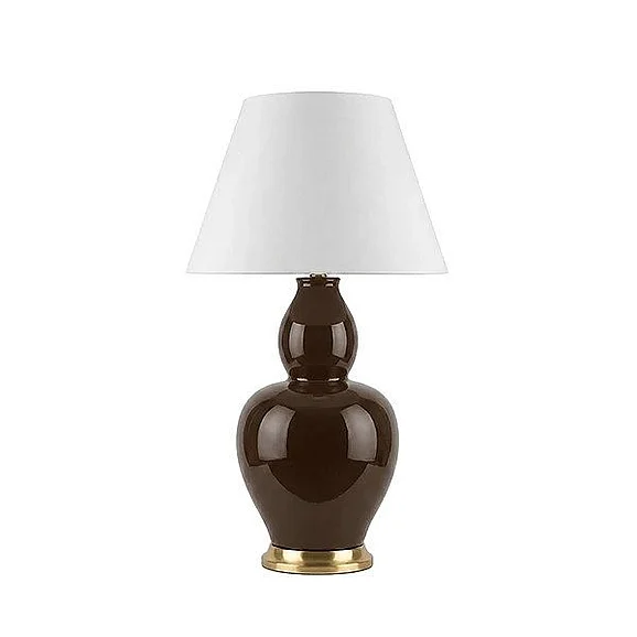 Worlds Away Gourd Ceramic Table Lamp with Satin Brass Base and White Linen Drum Shade in Chocolate Glaze IRIS CH
