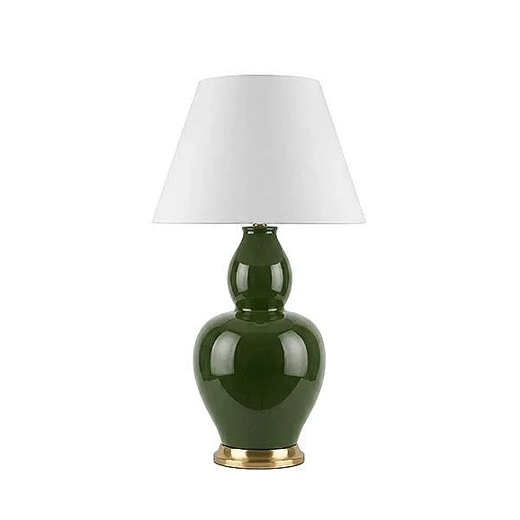Worlds Away Gourd Ceramic Table Lamp with Satin Brass Base and White Linen Drum Shade in Olive Green Glaze IRIS OLV