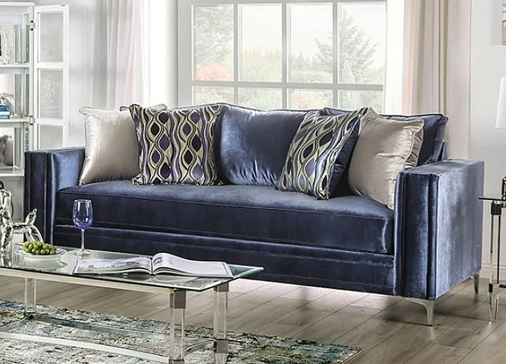 Furniture of America Jodie Sofa in Satin Blue/Silver SM2687-SF