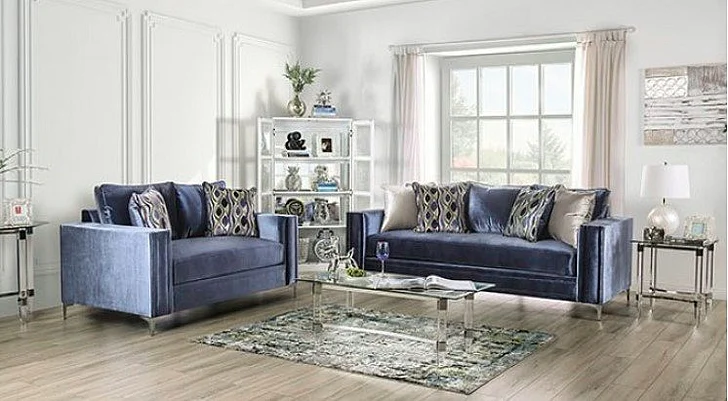 Furniture of America Jodie 2pc Living Room Set in Satin Blue/Silver