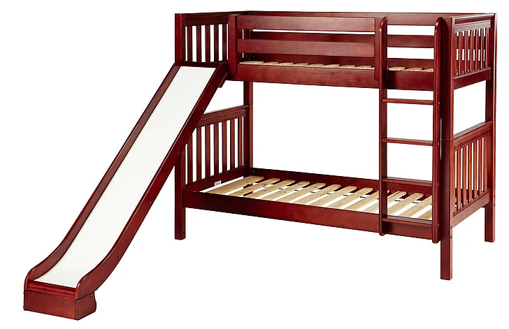 Maxtrix Bare Bone Twin Size Medium Bunk (2 Low/2 High) Slat Bed with Straight Ladder and Slide in Chestnut JOLLYCS
