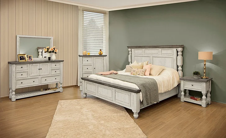 IFD Stone 4pc Panel Bedroom Set in Antique White
