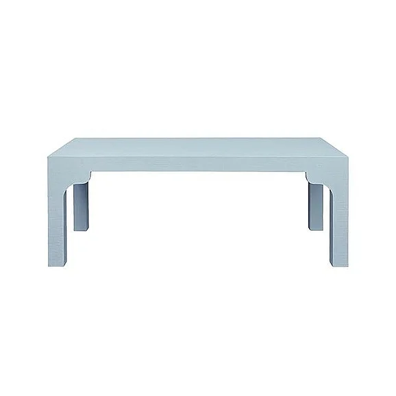 Worlds Away Parsons Style Coffee Table with Decorative Apron in Textured Light Blue Linen KENDALL LB