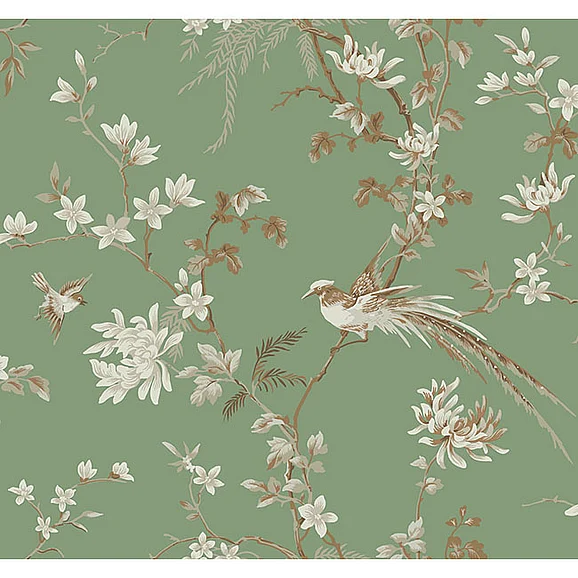 York D81-24 Karat Bird & Blossom Chinoserie Green Wallpaper KT2175 (Double Roll)
