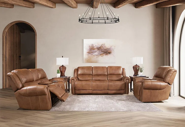 Corinthian Furniture Cordoba 2pc Power Headrest Reclining Sofa w/ Lumbar Living Room Set in Cordoba Cognac