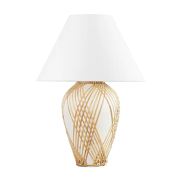 Hudson Valley Lighting Bayonne Table Lamp in Vintage Gold Leaf W/ Ceramic White WithRattan L7630-VGL/CWR