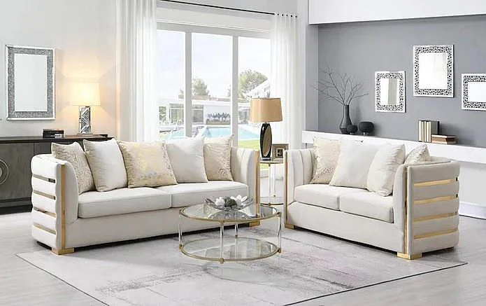Massa Gallery Julia Loveseat & Sofa Set with Gold Accents in Cream L840-2PC