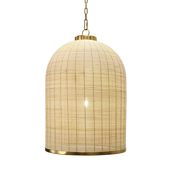 Worlds Away Bell Shaped Natural Rattan Pendant w/ Satin Brass Trim LAKEN