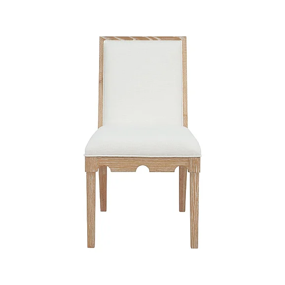 Worlds Away Square Back Dining Chair w/ Decorative Apron in Cerused Oak w/ White Linen LANISTER CO