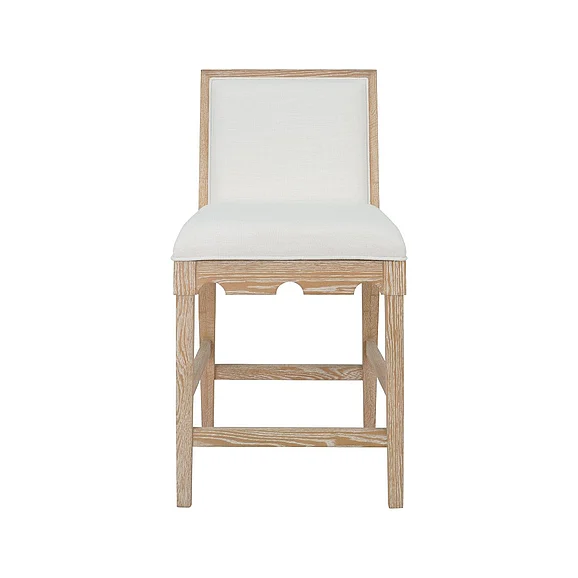 Worlds Away Square Back Counter Stool w/ Decorative Apron in Cerused Oak w/ White Linen LANISTER CS CO