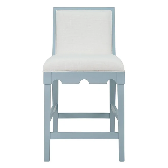 Worlds Away Square Back Counter Stool w/ Decorative Apron in Matte Light Blue Lacquer w/ White Linen LANISTER CS LB