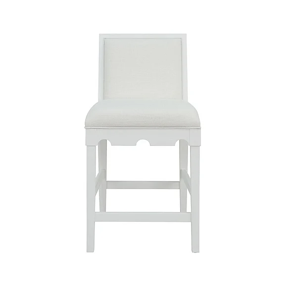 Worlds Away Square Back Counter Stool w/ Decorative Apron in Matte White Lacquer w/ White Linen LANISTER CS WH