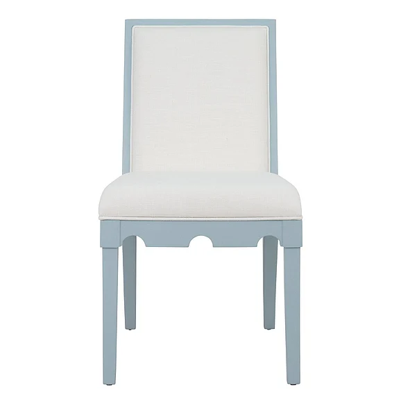 Worlds Away Square Back Dining Chair w/ Decorative Apron in Matte Light Blue Lacquer w/ White Linen LANISTER LB