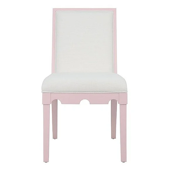 Worlds Away Square Back Dining Chair With Decorative Apron in Matte Pink Lacquer with Performance White Linen Upholstery LANISTER PI