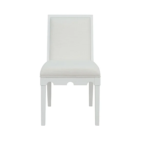 Worlds Away Square Back Dining Chair w/ Decorative Apron in Matte White Lacquer w/ White Linen LANISTER WH