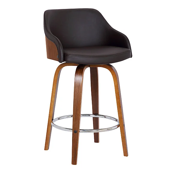 Armen Living Alec 30 In. Swivel Brown Faux Leather and Walnut Bar Stool LCAEBAWABR30