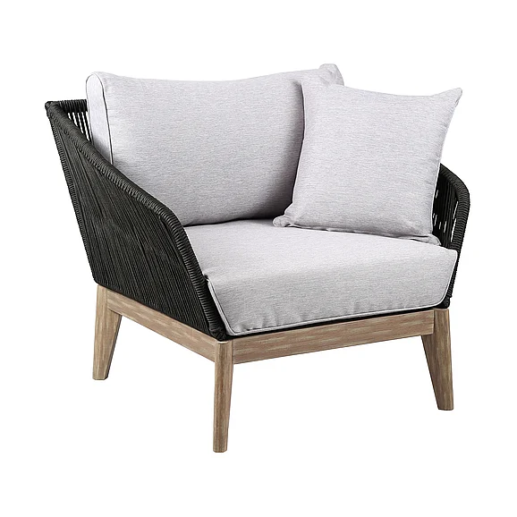 Armen Living Athos Indoor Outdoor Club Chair in Light Eucalyptus with Charcoal Rope and Gray Cushions LCATCHWDLT PROMO