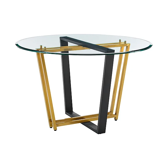 Armen Living Devi 48 In. Round Dining Table in Gold Stainless Steel and Black Iron Base with Glass Tabletop LCDEDIBGLBLK