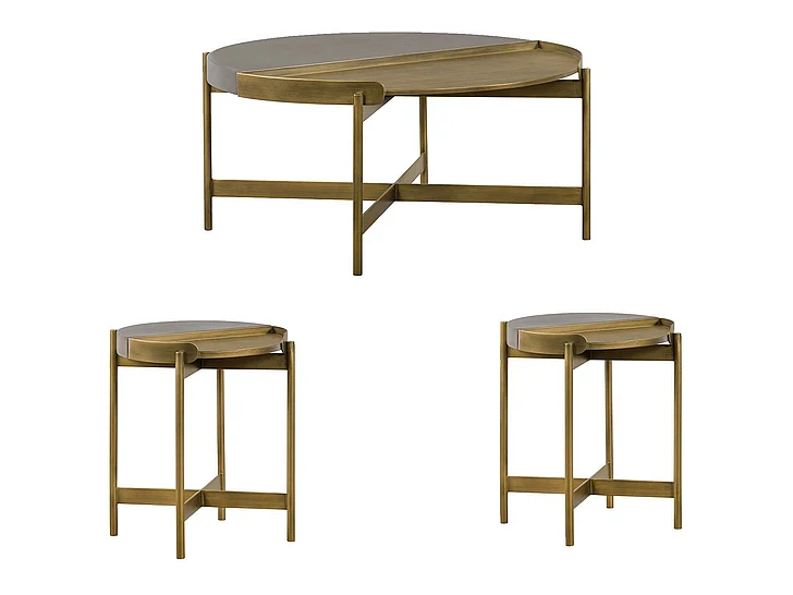 Armen Living Dua 3pc Occasional Set in Grey/Antique Brass