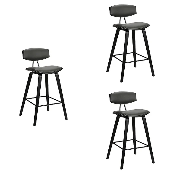 Armen Living Fox 28.5 In. Bar Stool Gray Faux Leather and Black (Set of 3) LCFOBABLGR303PC