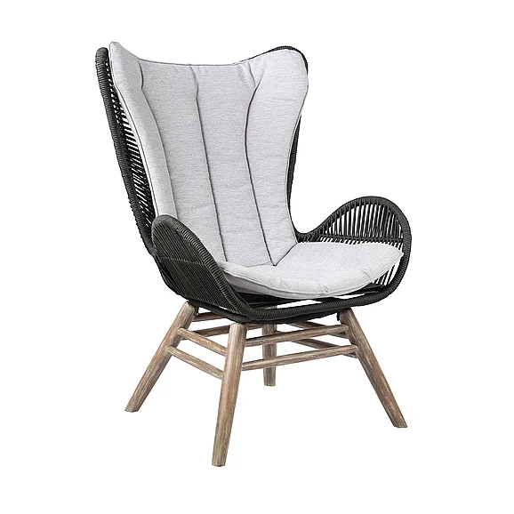 Armen Living King Indoor Outdoor Lounge Chair in Light Eucalyptus with Charcoal Rope and Gray Cushion LCKGCHCHR