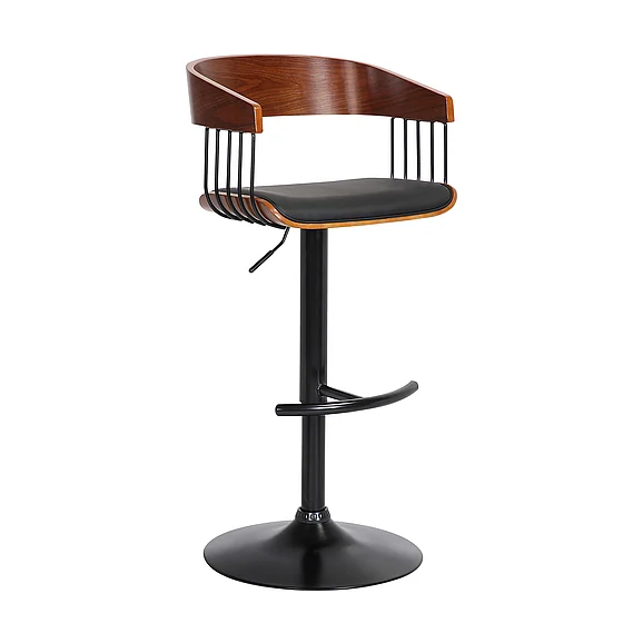 Armen Living Larisa Adjustable Walnut Bar Stool in Black Faux Leather LCLABAWABLK