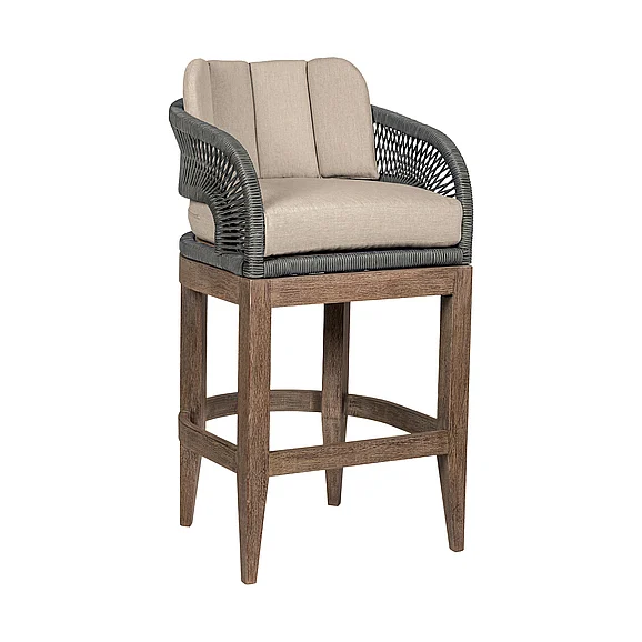 Armen Living Orbit Outdoor 30 In. Bar Stool in Weathered Eucalyptus with Gray Rope and Taupe Olefin Cushions LCORBAEUCTP30