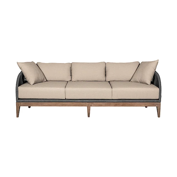 Armen Living Orbit Outdoor Sofa in Weathered Eucalyptus with Gray Rope and Taupe Olefin Cushions LCORSOEUCTP