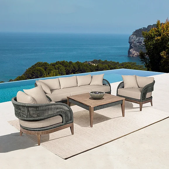 Armen Living Orbit 2pc Outdoor Patio Living Room Set in Weathered Eucalyptus Wood with Gray Rope and Taupe Olefin Cushions
