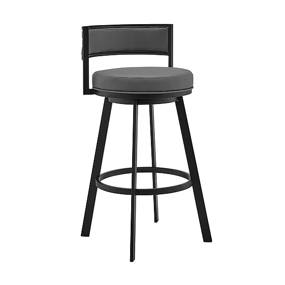 Armen Living Roman 26 In. Gray Faux Leather and Black Metal Swivel Bar Stool LCRMBABLGR26