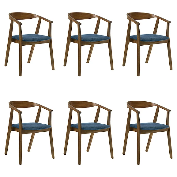 Armen Living Santana Dining Chair in Walnut with Blue Fabric (Set of 6) LCSACHWABLU6PC