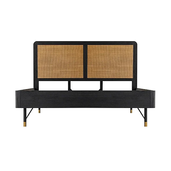 Armen Living Saratoga King Platform Frame Bed in Black Acacia with Rattan Headboard LCSRBDBLKG