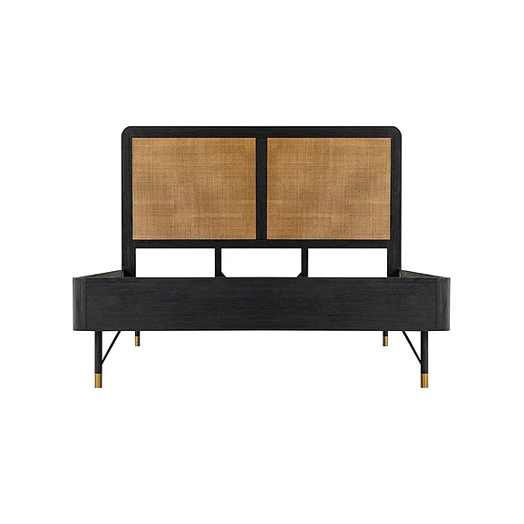 Armen Living Saratoga Queen Platform Frame Bed in Black Acacia with Rattan Headboard LCSRBDBLQN