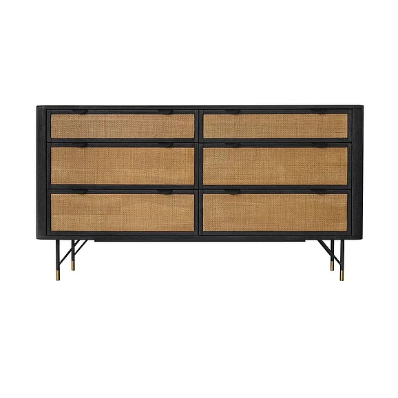 Armen Living Saratoga 6 Drawer Dresser in Black Acacia with Rattan LCSRDRBL