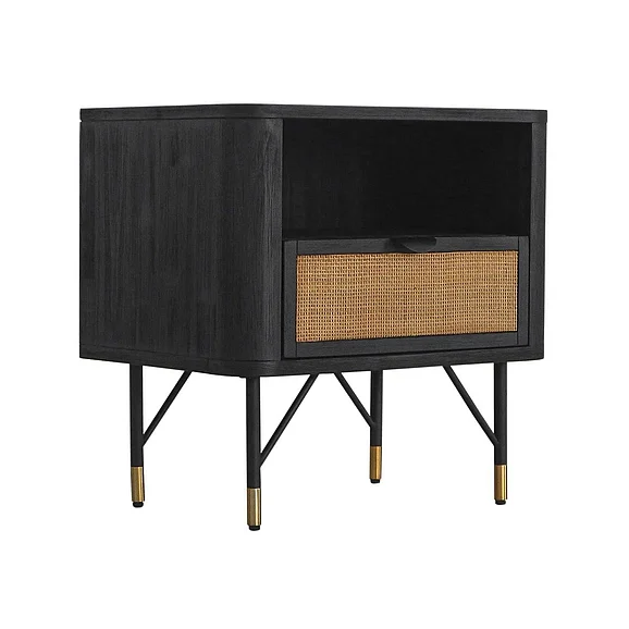 Armen Living Saratoga Nightstand in Black Acacia with Rattan LCSRLABL