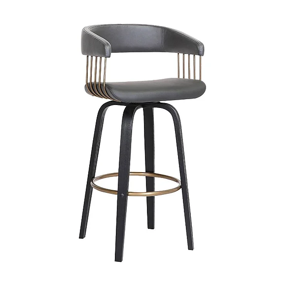 Armen Living Topanga 30.5 In. Swivel Black Bar Stool in Gray Faux Leather LCTOBABLKGRY30