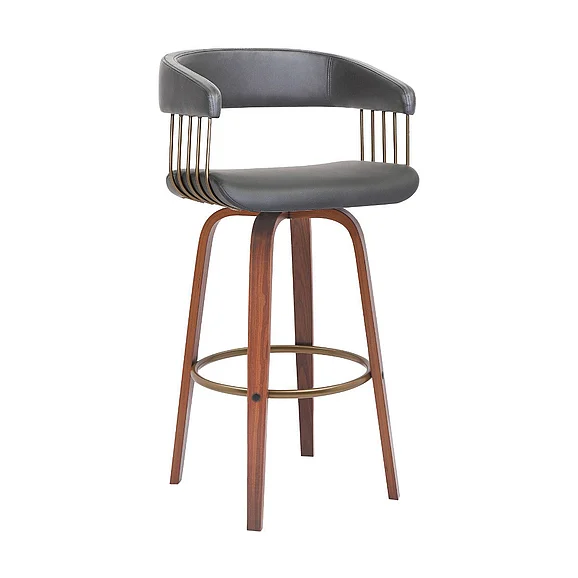 Armen Living Topanga 30.5 In. Swivel Walnut Bar Stool in Gray Faux Leather LCTOBAWAGRY30