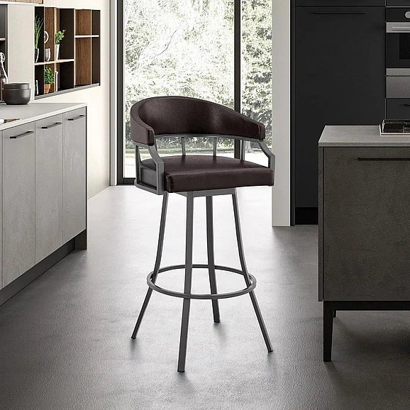 Armen Living Valerie 30 In. Swivel Brown Faux Leather and Java Brown Metal Bar Stool LCVLBAJVCHO30