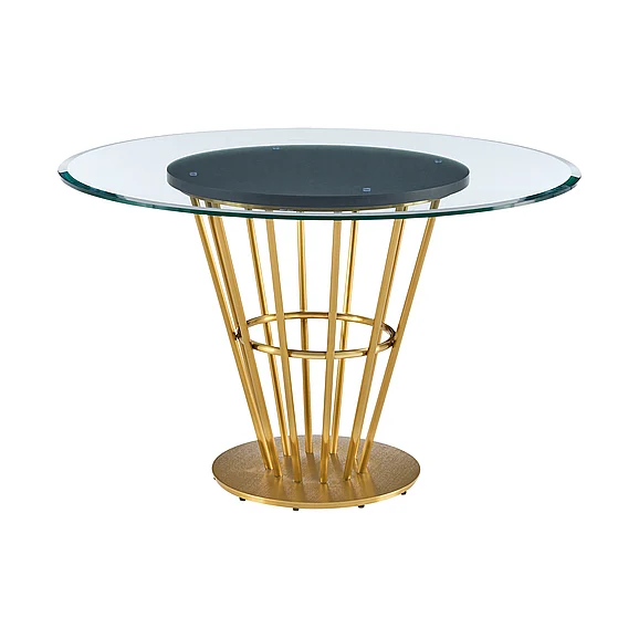 Armen Living Veronica 48 In. Round Dining Table in Gold Stainless Steel Base with Walnut Panel and Glass Tabletop LCVRDIBGL