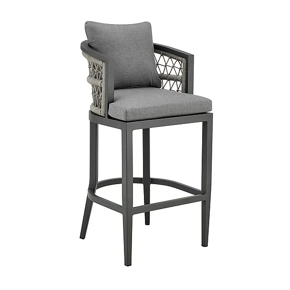 Armen Living Zella Outdoor Bar Stool with Light Gray Rope and Earl Gray Cushions LCZEBAGRY30