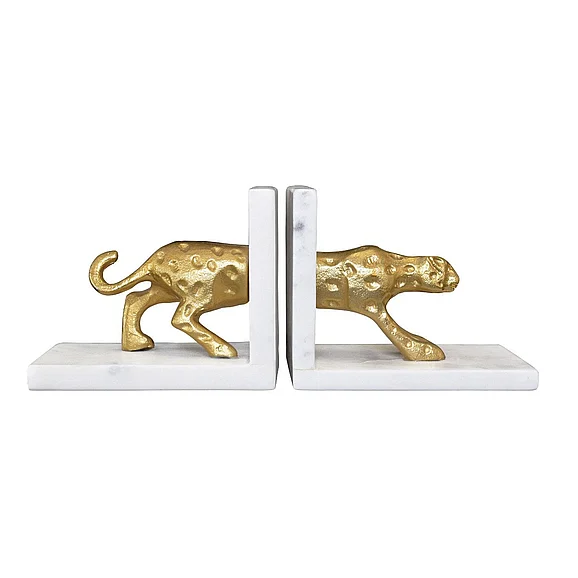 Worlds Away White Marble Bookends w/ Brass Leopard LEON