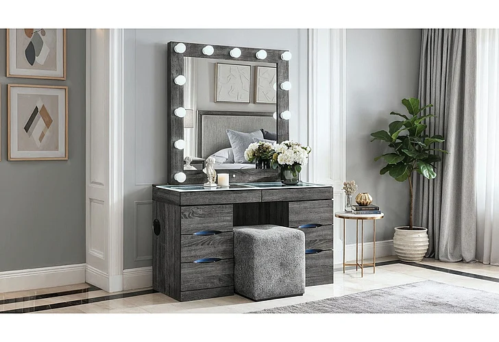 Global Furniture Lexi Vanity Set w/ Stool in Grey LEXI-GREY-VANITY SET W/ STOOL