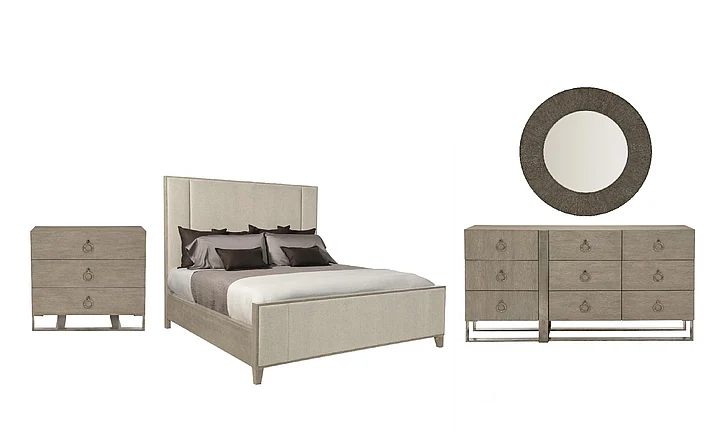 Bernhardt Linea 4pc Upholstered King Panel Bedroom Set in Cerused Greige