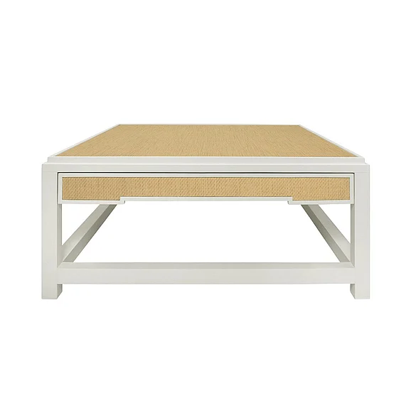 Worlds Away Two Hidden Drawer Coffee Table w/ Matte White Lacquer Frame LOCKLIN NAT