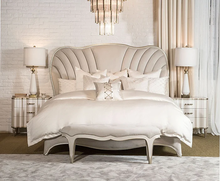 AICO London Place 4-Piece Upholstered Panel Bedroom Set in Creamy Pearl
