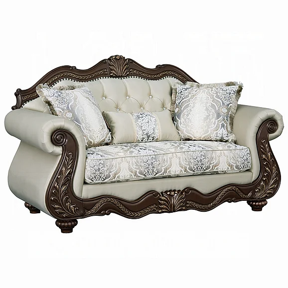 ACME Pierce Loveseat with 3 Pillows in Beige Fabric and Cherry LV03831