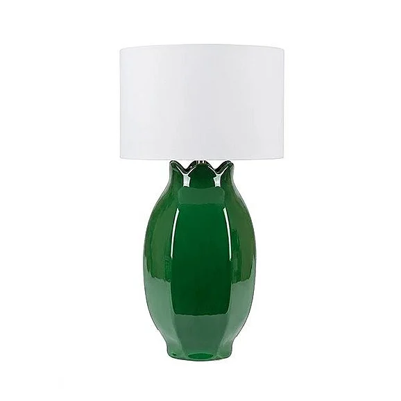 Worlds Away Bud Inspired Ceramic Table Lamp with White Linen Drum Shade in Kelly Green Glaze MAE KGR