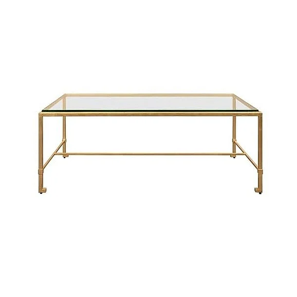 Worlds Away Rectangular Iron Coffee Table with Thick Glass Top in Gold Leaf MAITLAND G