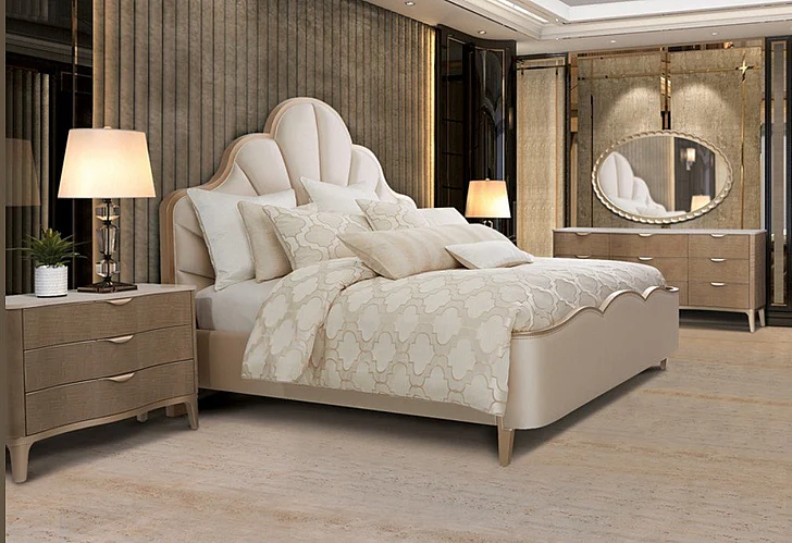 AICO Malibu Crest 2pc Scalloped Panel Bed in Chardonnay